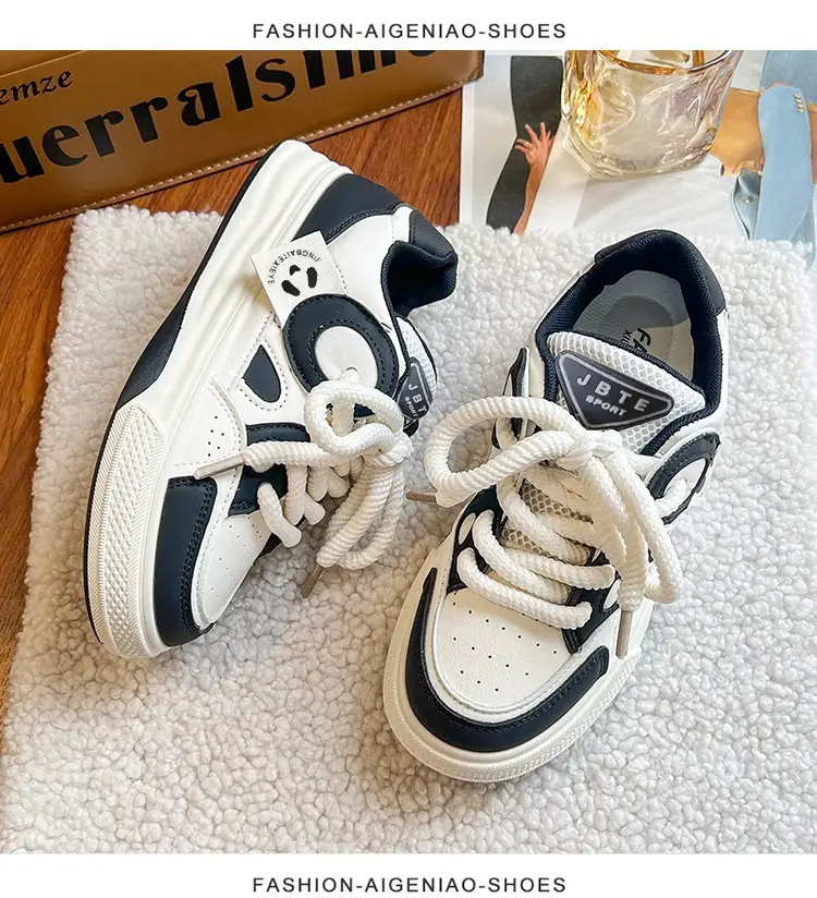 Leather Women's Shoes Trendy Fashion Low-Top Breathable Panda Casual Shoes Versatile Thick-Soled Lace-Up Women's Sneakers Wholesale — feature 33