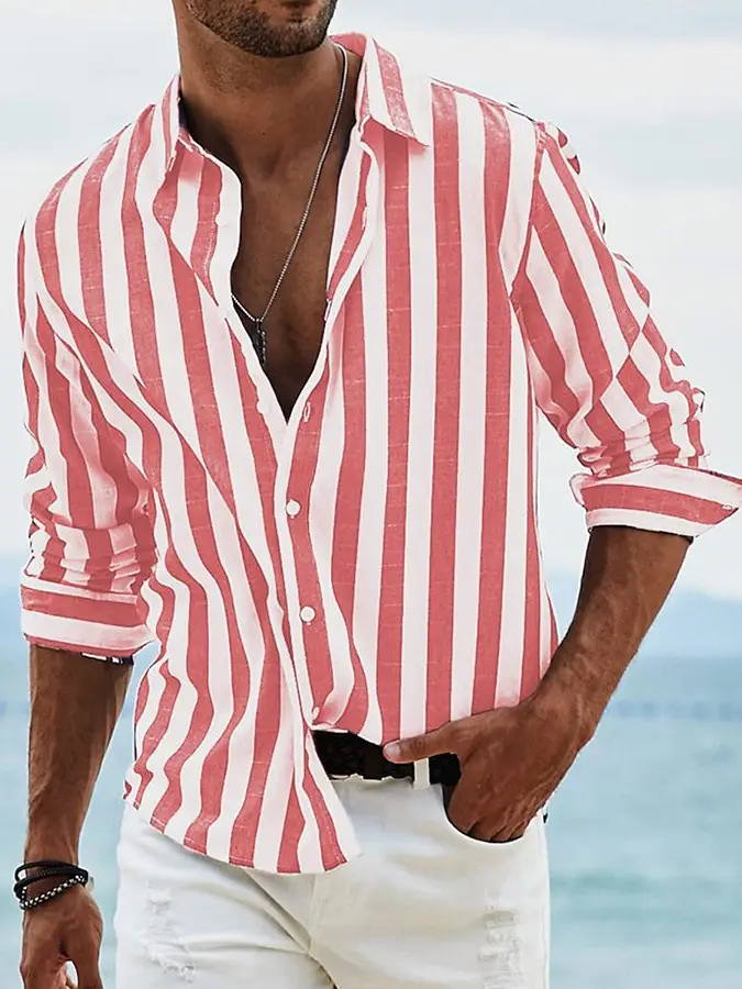 Men Pink Striped Cotton Long Sleeve Shirt - Image 9
