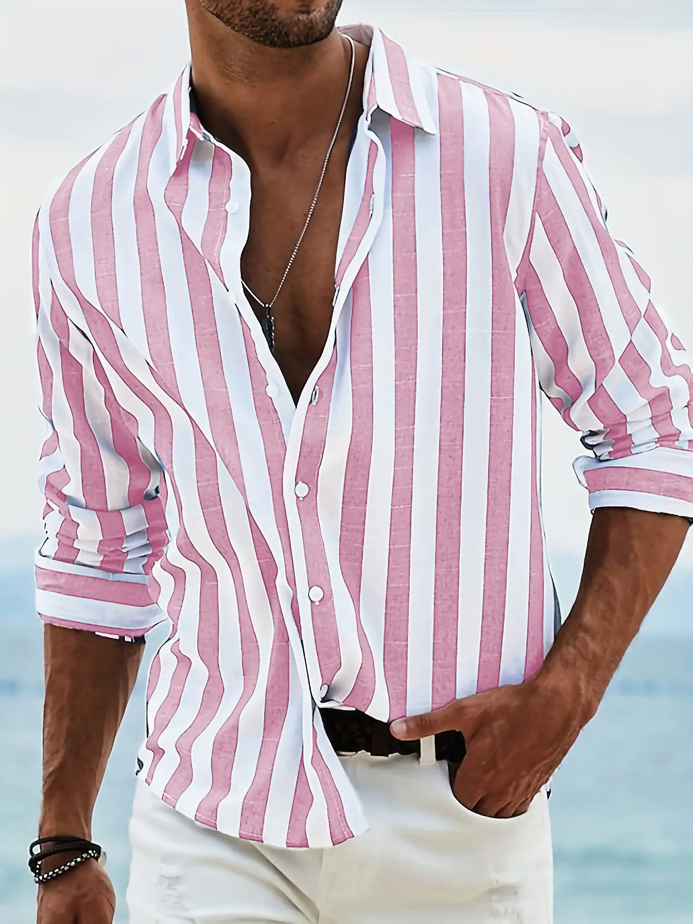 Men Pink Striped Cotton Long Sleeve Shirt - Image 10