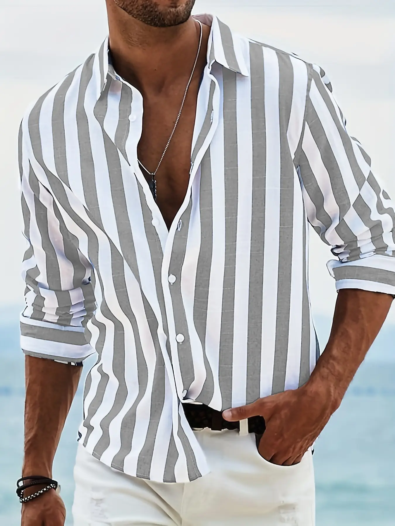 Men Pink Striped Cotton Long Sleeve Shirt — feature 3