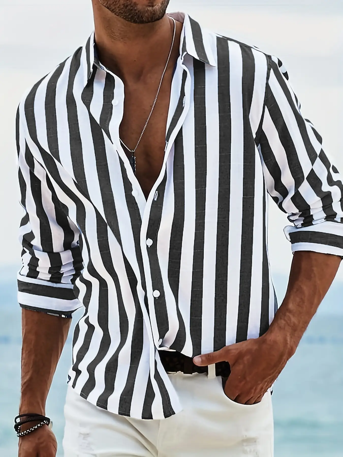 Men Pink Striped Cotton Long Sleeve Shirt — feature 7