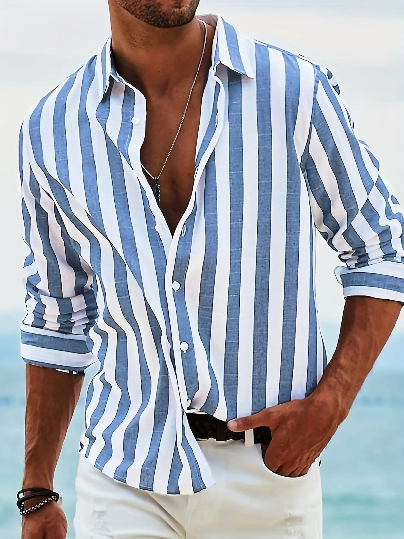 Men Pink Striped Cotton Long Sleeve Shirt - Image 6