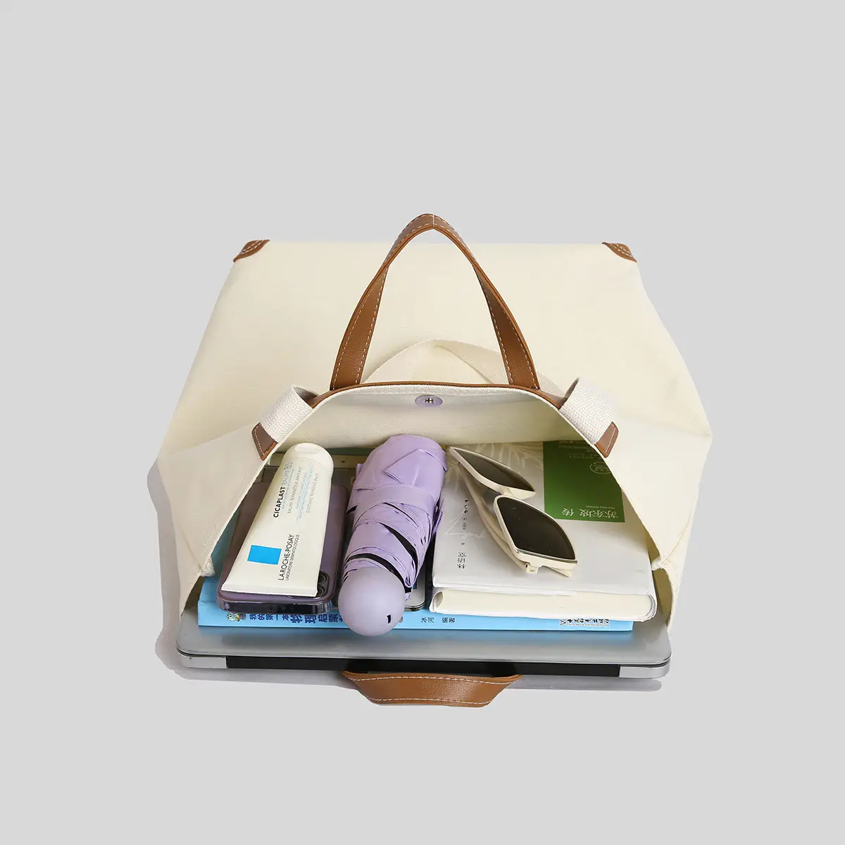 Women Canvas Tote Bag with Black Zipper & Handles - Image 4