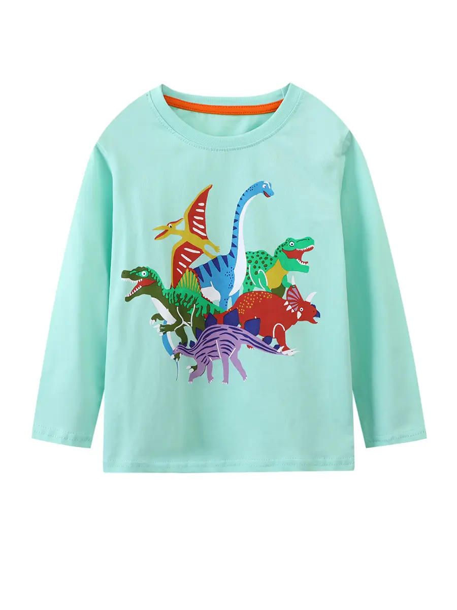 Boys Cotton Long Sleeve T-Shirt with Dinosaur Print Mint Green - Image 6