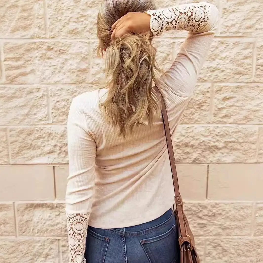 Women's White Lace Sleeve T-Shirt Long V-Neck - Image 5