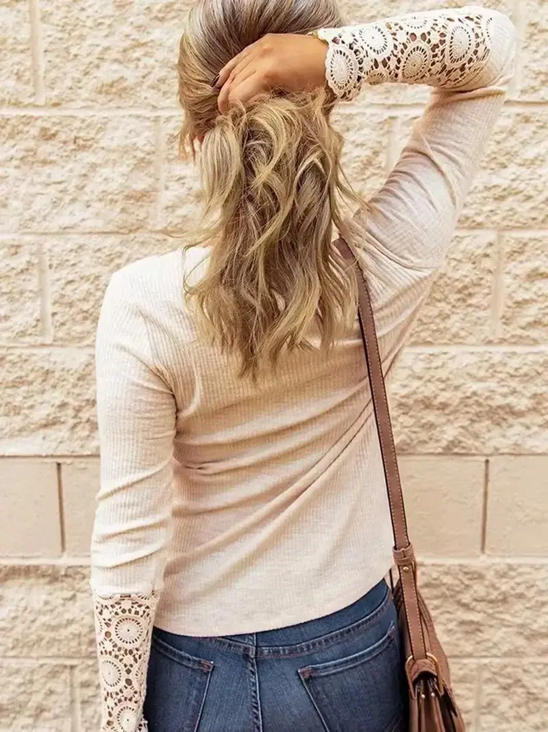 Women's White Lace Sleeve T-Shirt Long V-Neck — feature 4