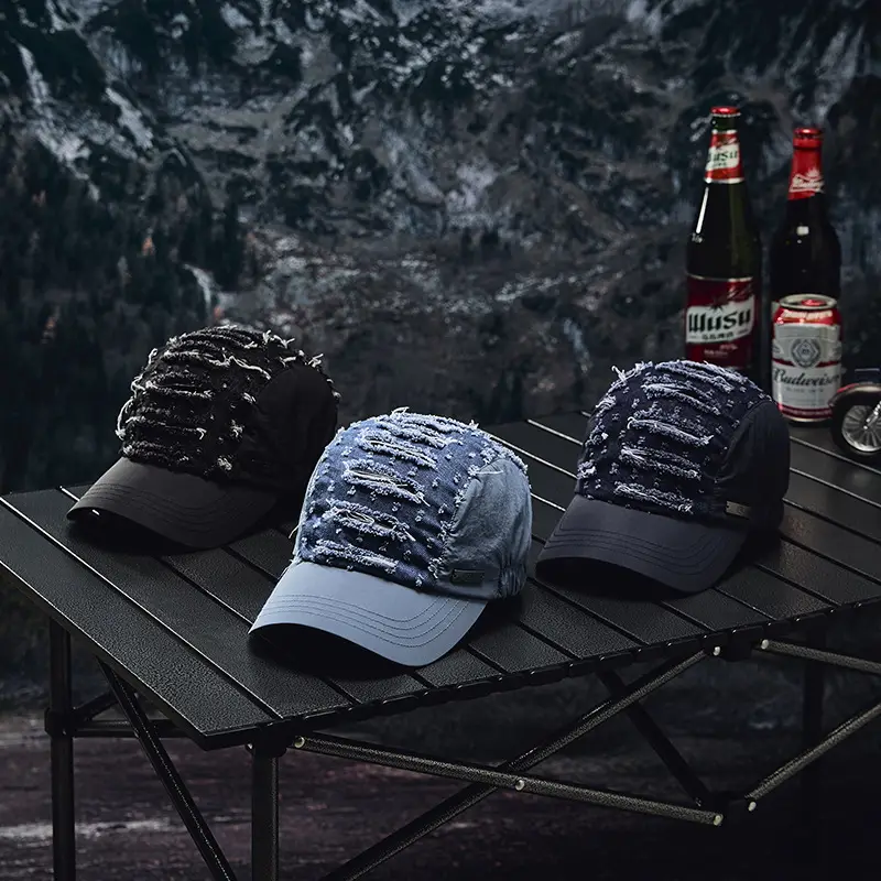 Blue Ripped Denim Washed Baseball Cap - Image 5