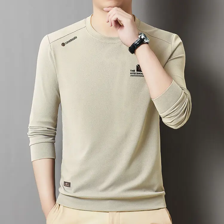 Men's 2025 Long Sleeve Round Neck T-Shirt Beige — feature 32