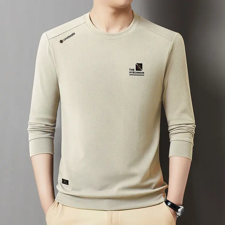 Men's 2025 Long Sleeve Round Neck T-Shirt Beige - Image 5
