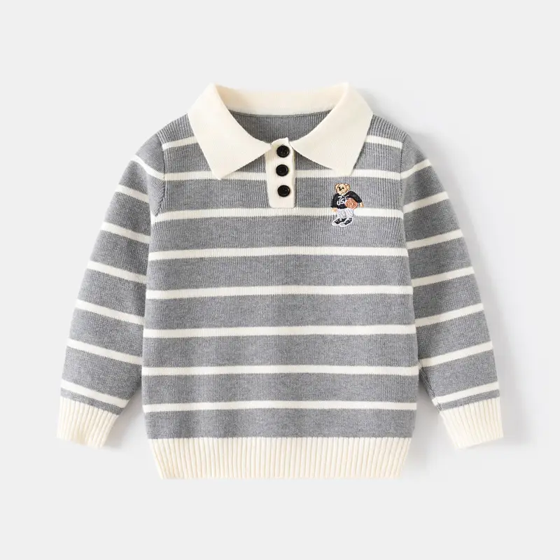 Kids Striped Sweater Set for Boys with Embroidered Lapels - Image 2