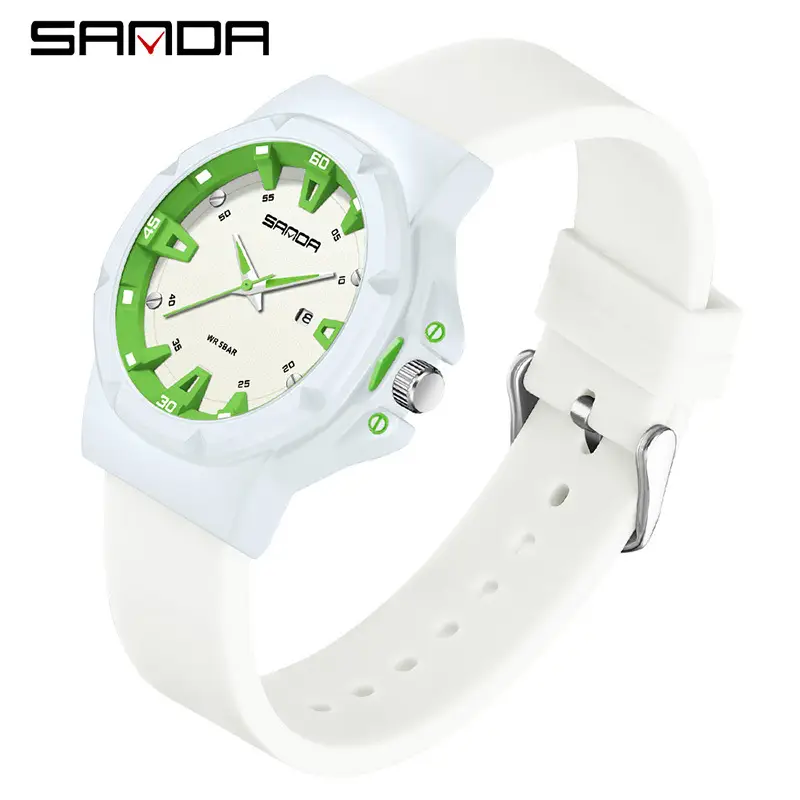 Sanda Green White Student Watch with Silicone Band - Image 3