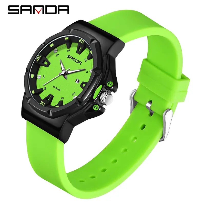 Sanda Green White Student Watch with Silicone Band - Image 7