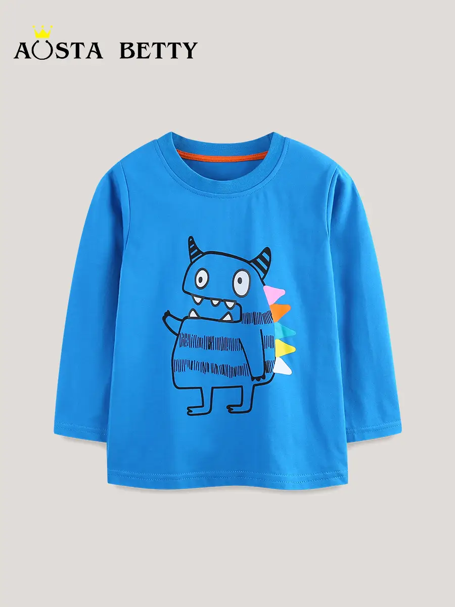 Blue Knitted Cotton Boys T-Shirt Round Neck Cartoon Print - Image 2
