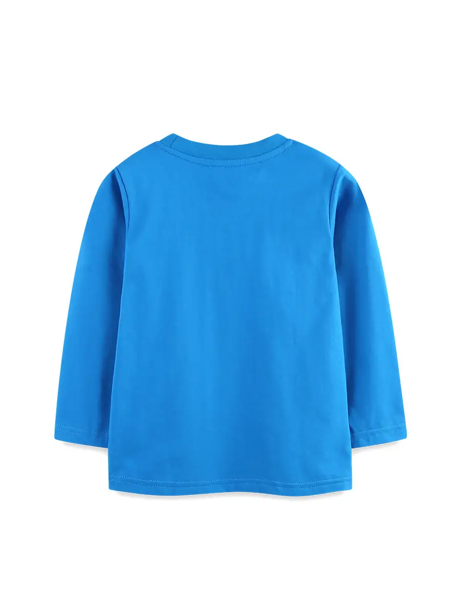 Blue Knitted Cotton Boys T-Shirt Round Neck Cartoon Print - Image 3
