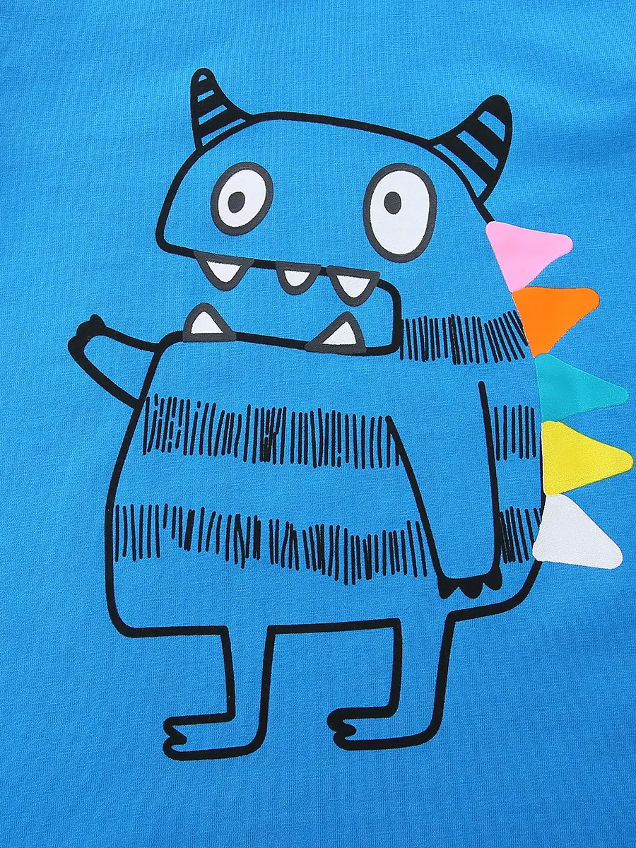 Blue Knitted Cotton Boys T-Shirt Round Neck Cartoon Print - Image 4