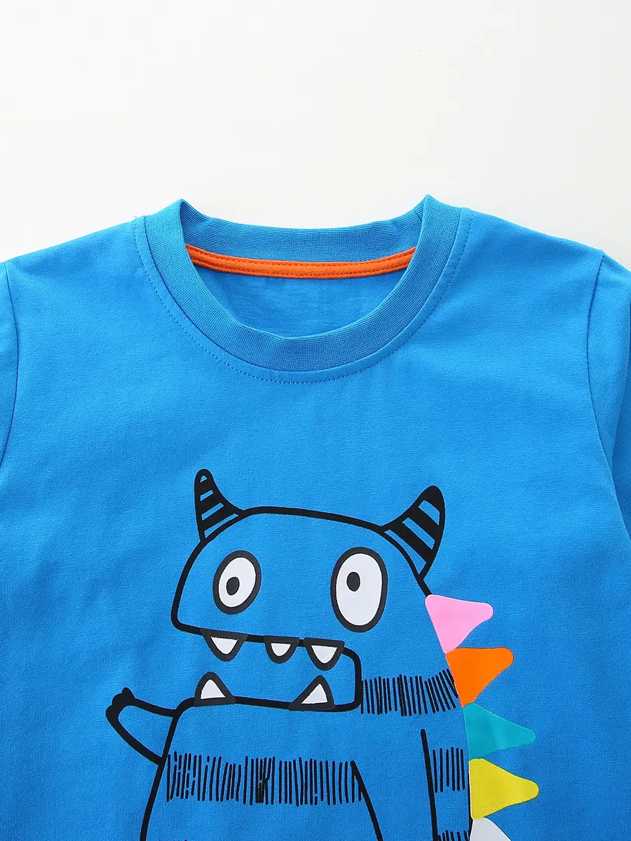 Blue Knitted Cotton Boys T-Shirt Round Neck Cartoon Print - Image 5