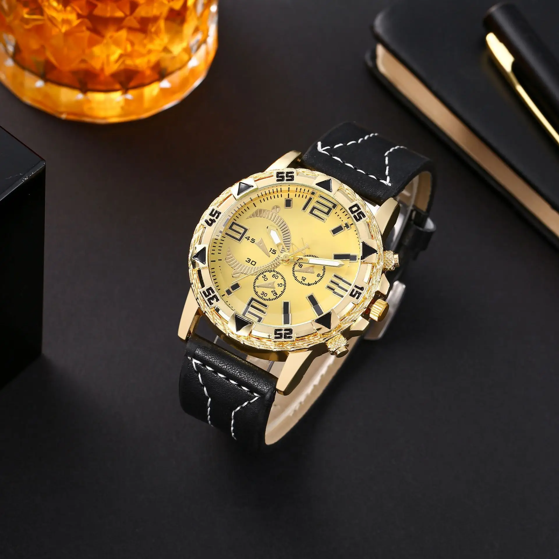 Men's Gold Dial Cross-Body Watch with Large Dial & Quartz Movement — feature 5