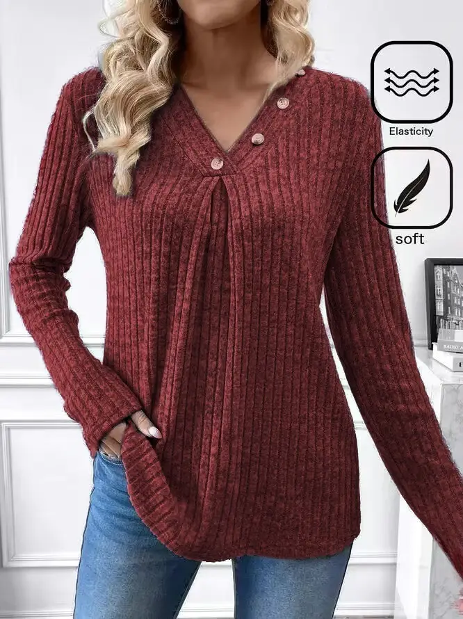 Women's V-Neck Knitted Shirt Maroon Long Sleeve