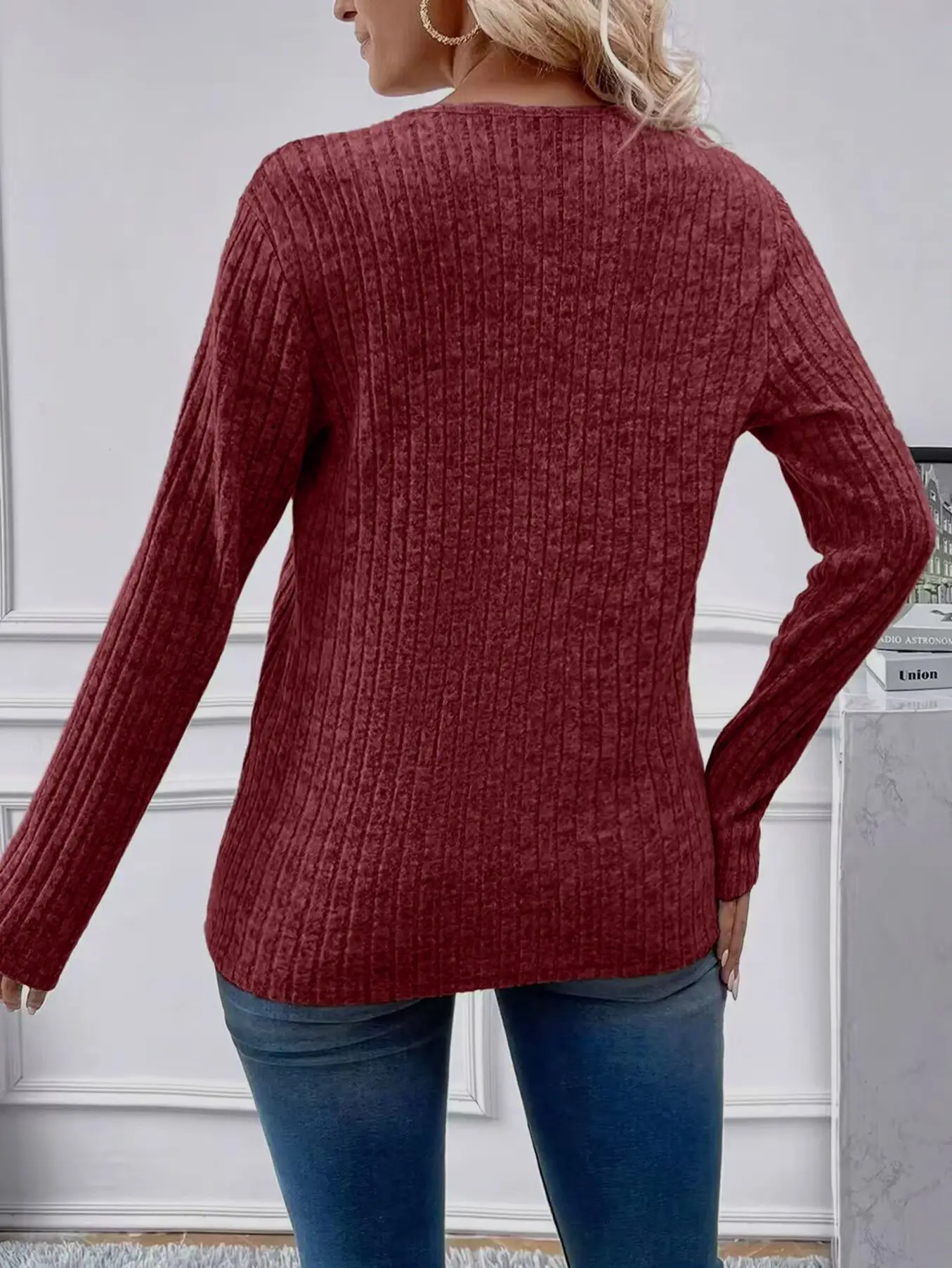 Women's V-Neck Knitted Shirt Maroon Long Sleeve