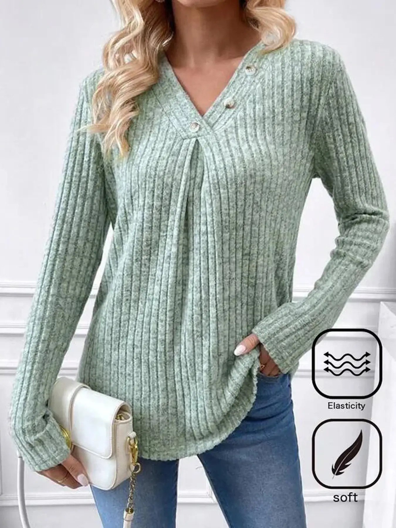 Women's V-Neck Knitted Shirt Maroon Long Sleeve — feature 10