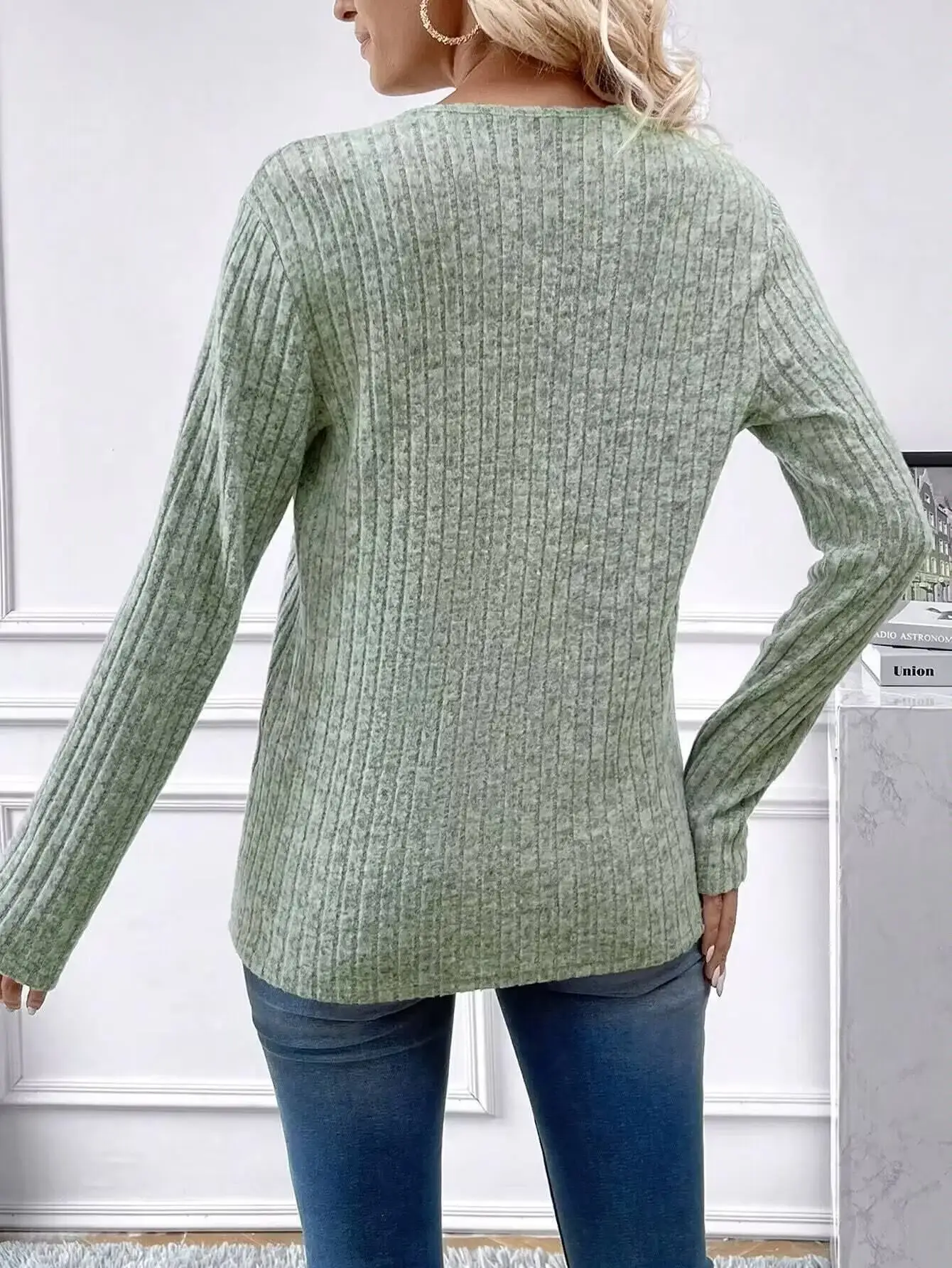 Women's V-Neck Knitted Shirt Maroon Long Sleeve — feature 12