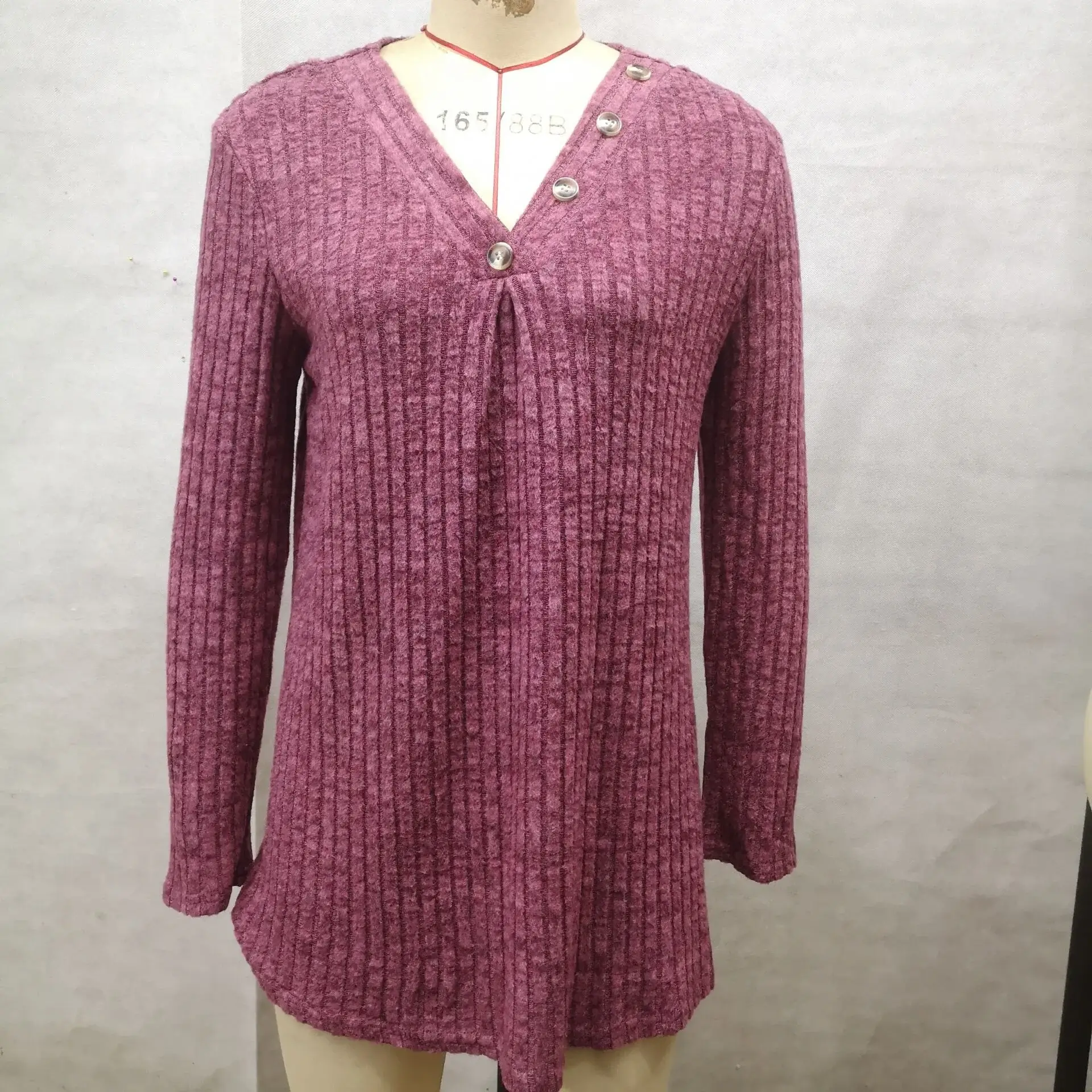 Women's V-Neck Knitted Shirt Maroon Long Sleeve — feature 3