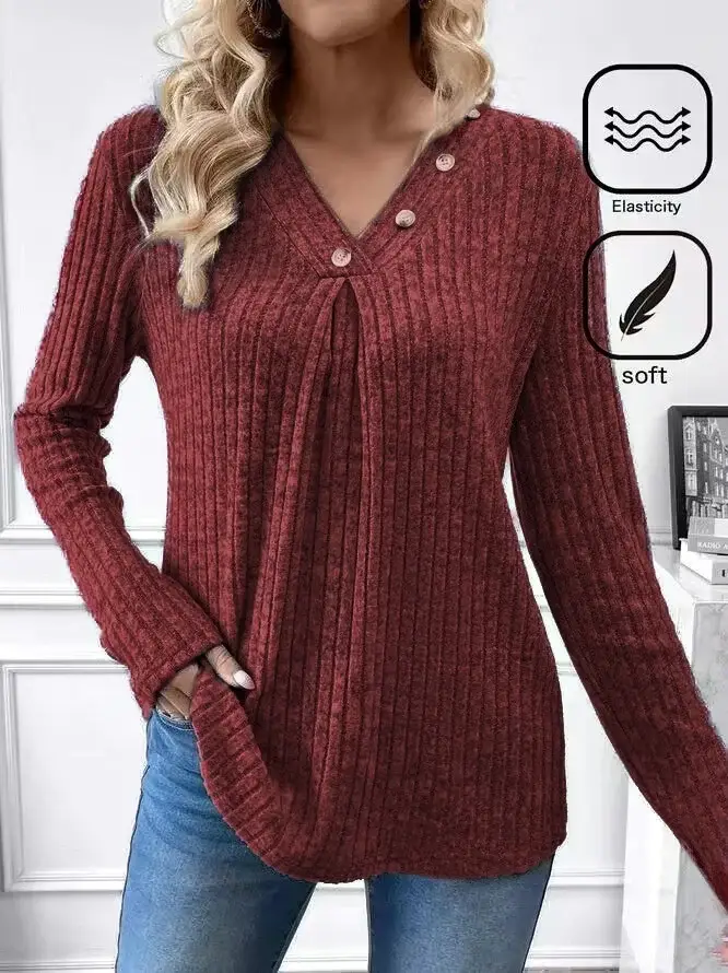 Women's V-Neck Knitted Shirt Maroon Long Sleeve — feature 5
