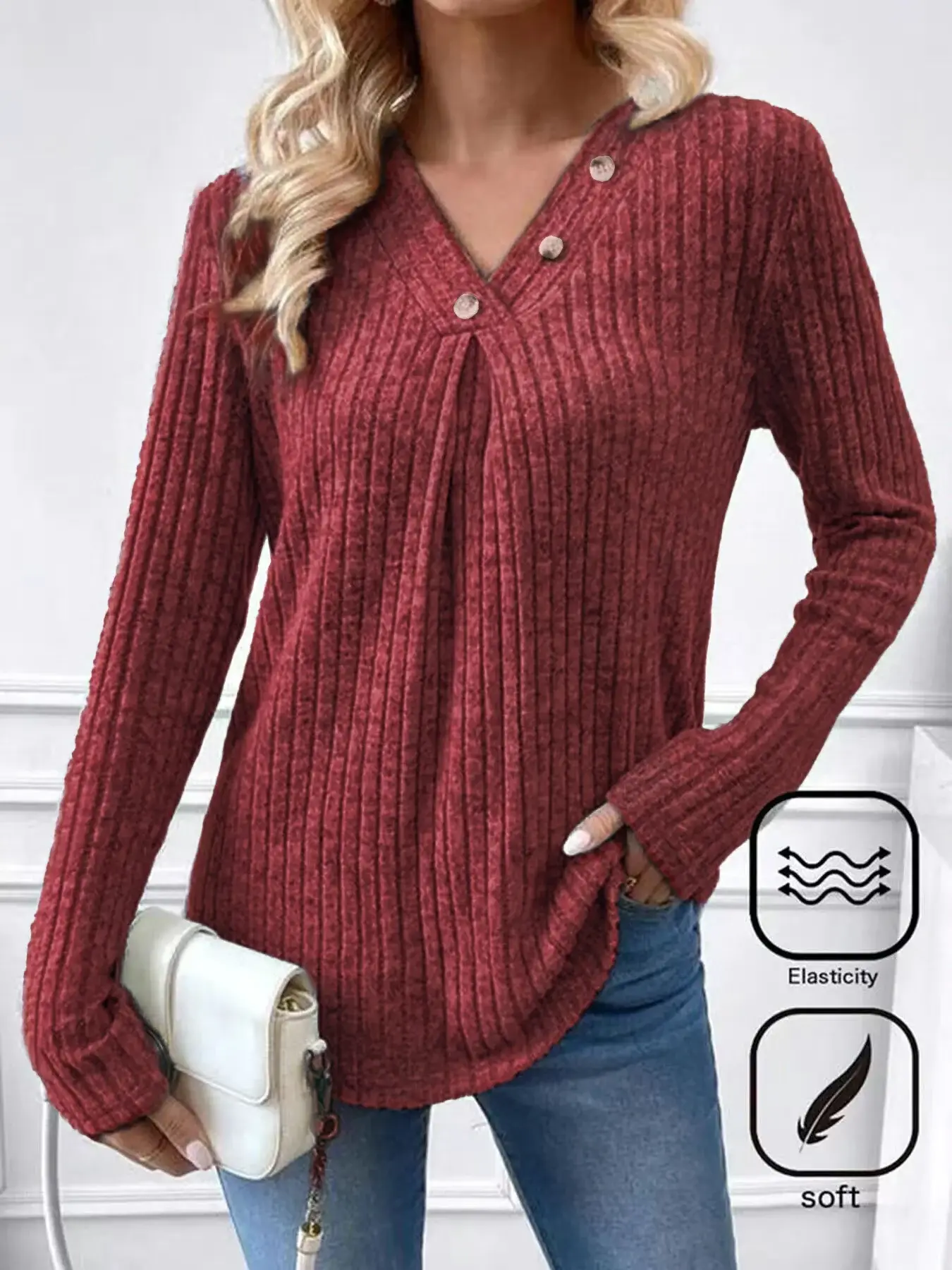 Women's V-Neck Knitted Shirt Maroon Long Sleeve — feature 6