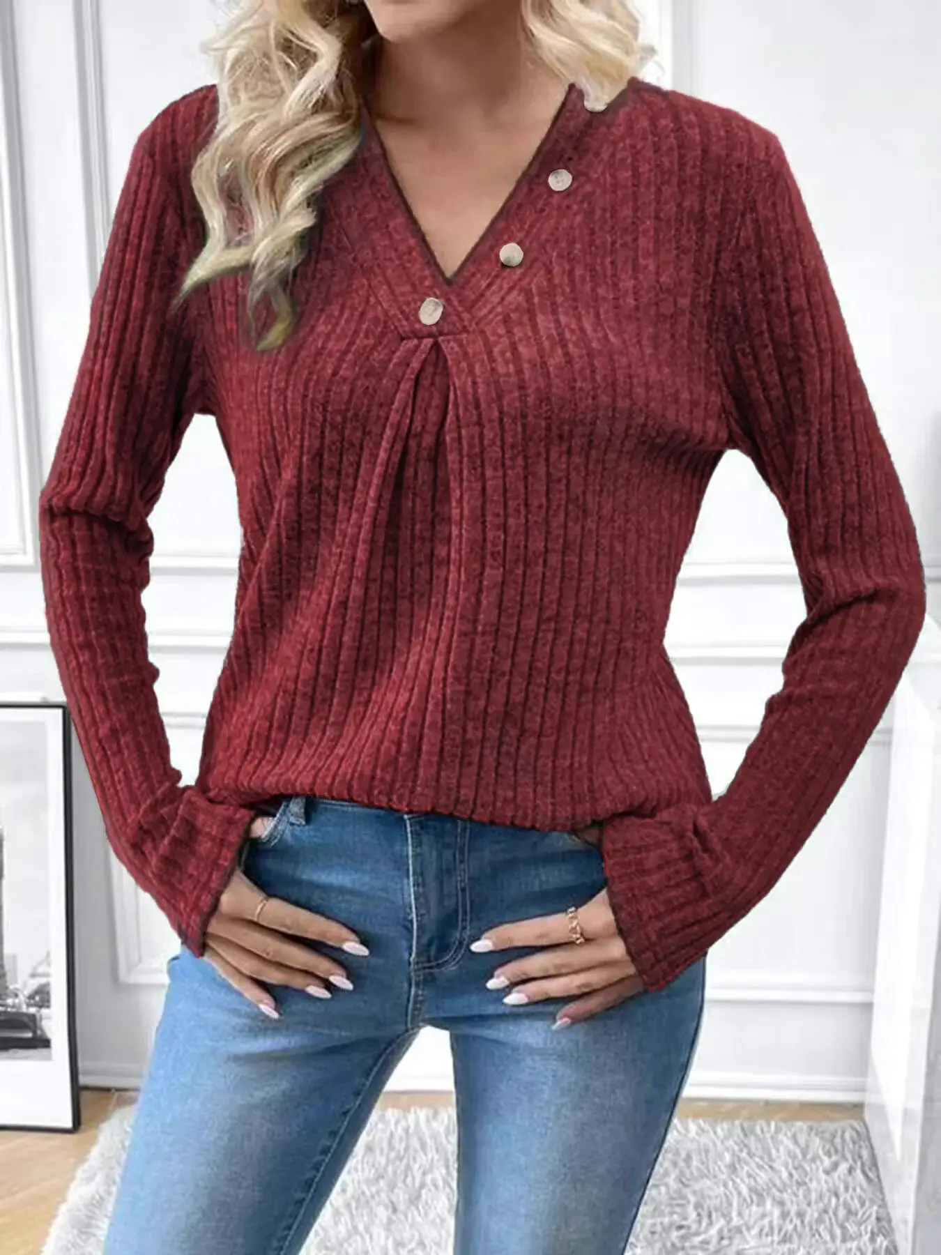 Women's V-Neck Knitted Shirt Maroon Long Sleeve — feature 7