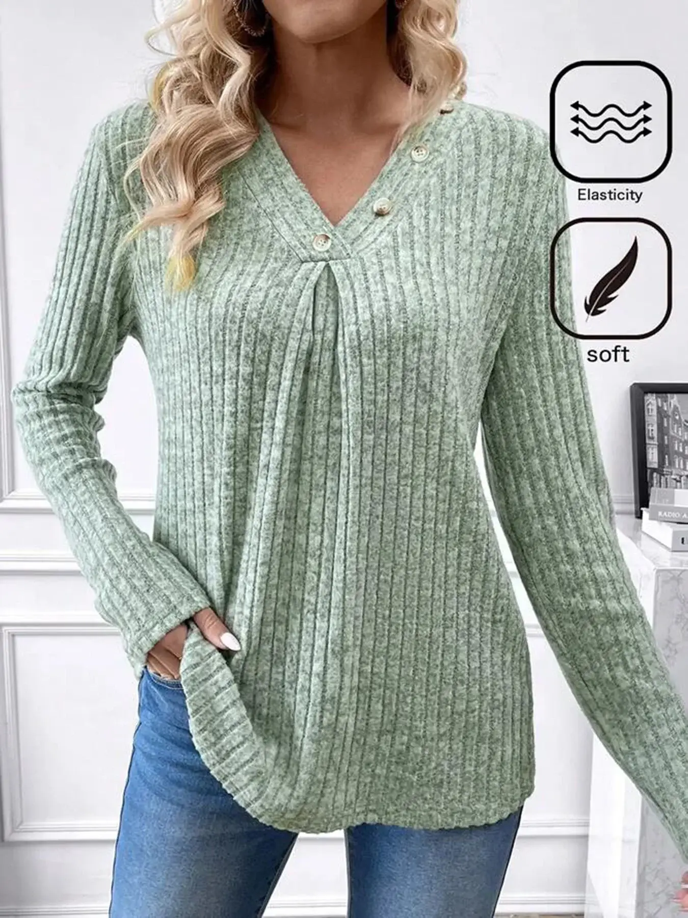Women's V-Neck Knitted Shirt Maroon Long Sleeve — feature 9