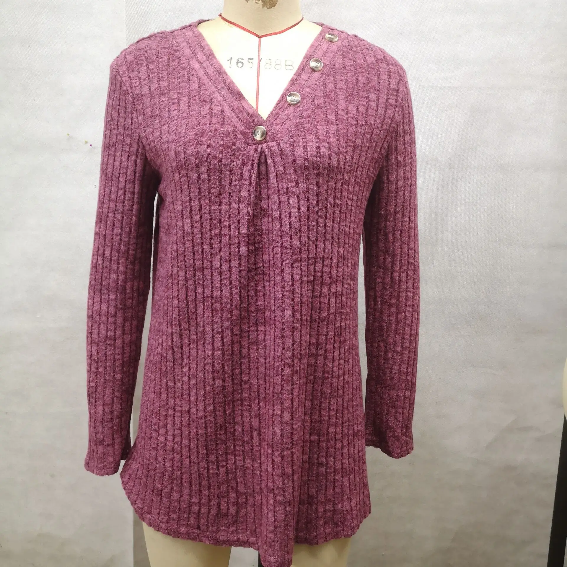 Women's V-Neck Knitted Shirt Maroon Long Sleeve