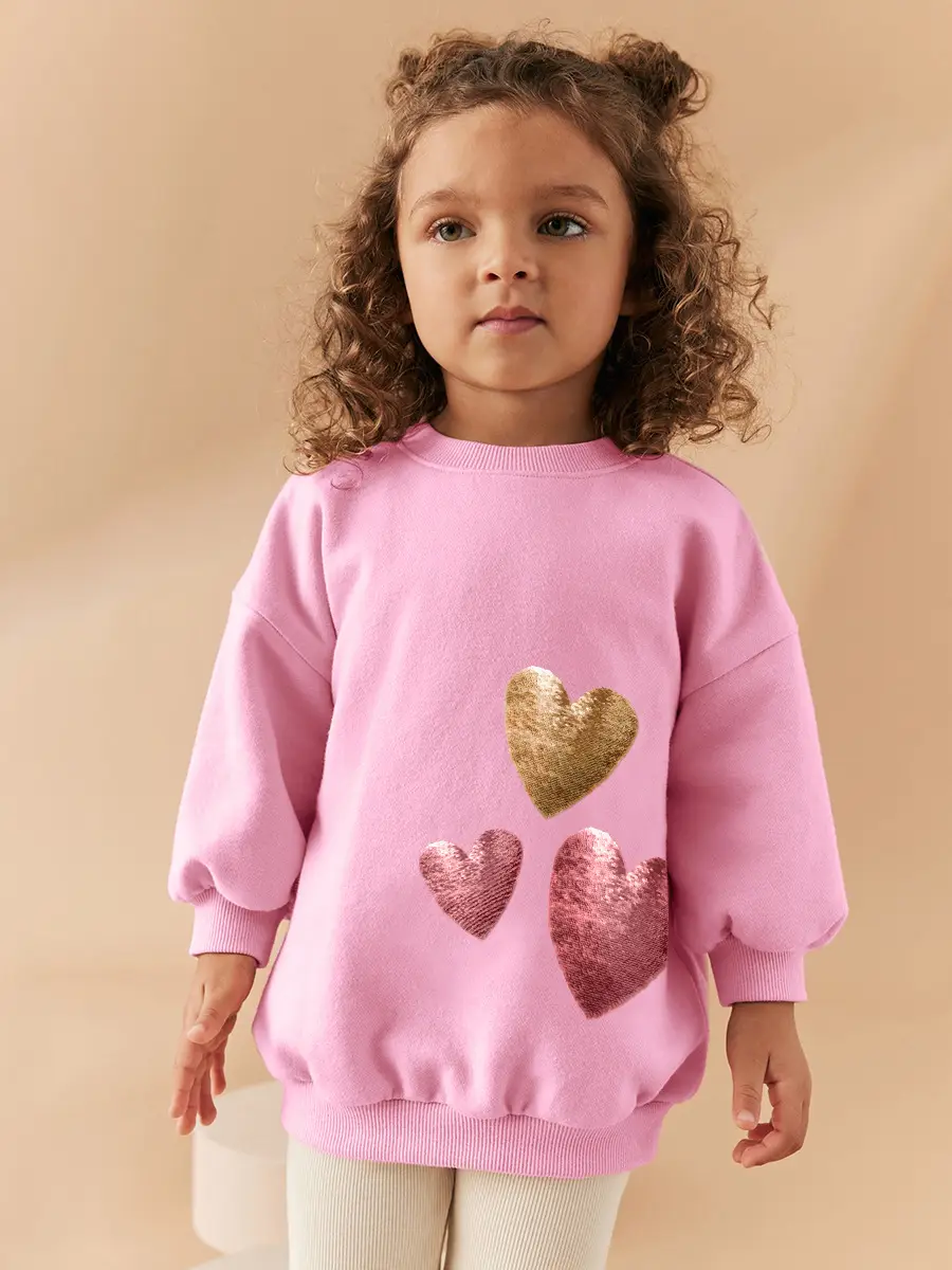 Little Girl Pink Heart Long Sleeve Suit White Pants - Image 3