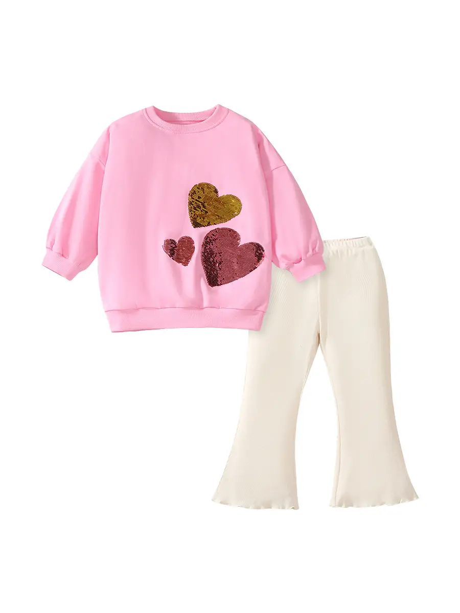 Little Girl Pink Heart Long Sleeve Suit White Pants - Image 6