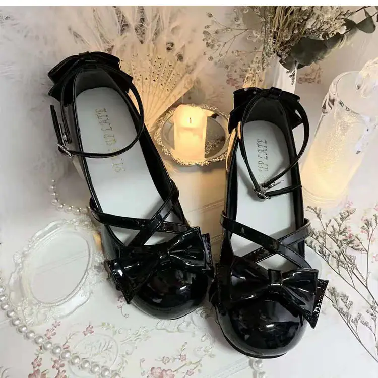 Mary Jane Shoes Women's 2023 Summer New Cross Strap Bow Lolita Elegant Round Toe Thick Heel Single Shoes for Women - Image 2