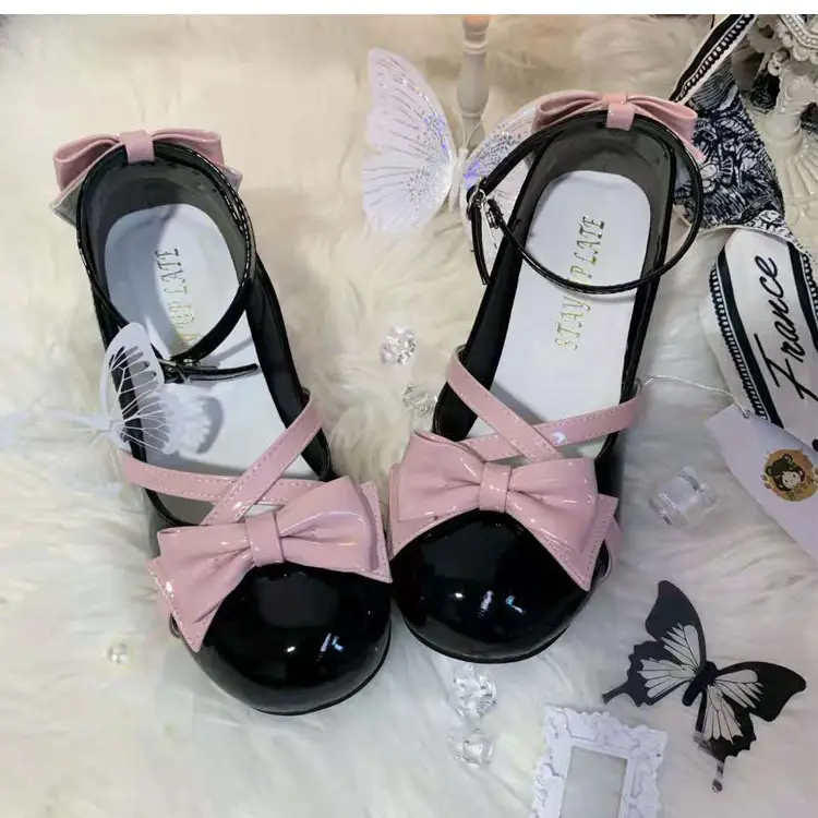 Mary Jane Shoes Women's 2023 Summer New Cross Strap Bow Lolita Elegant Round Toe Thick Heel Single Shoes for Women - Image 3