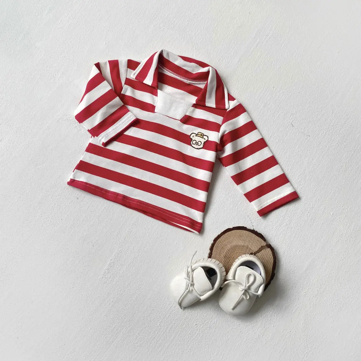 Boys Striped Cotton T-Shirt with Embroidered Bear - Image 2
