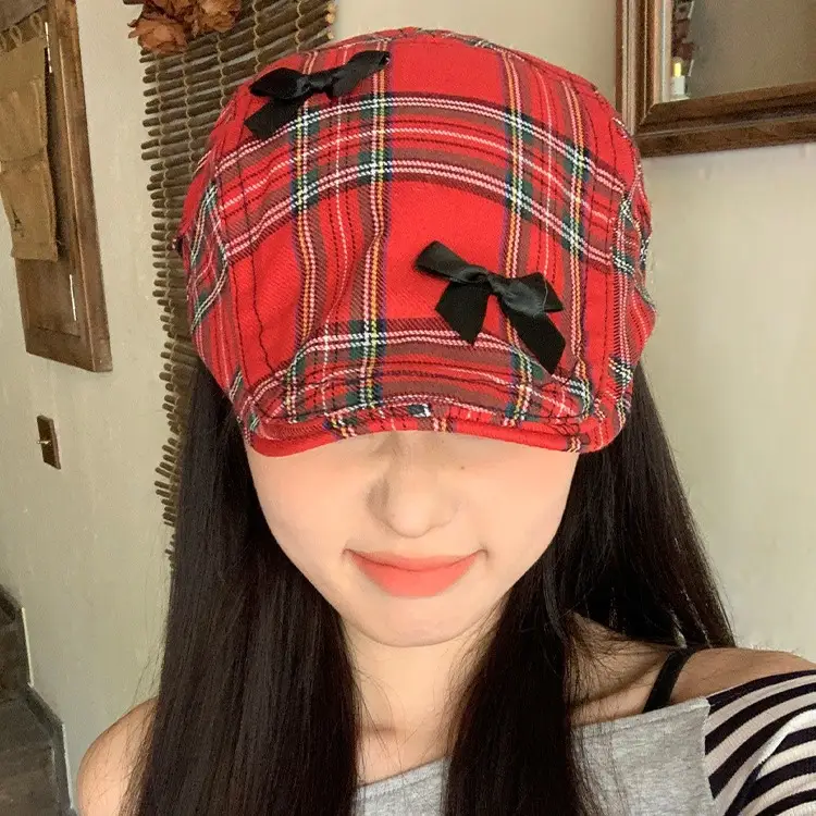 Women's Red Plaid Bow Forward Hat Summer - Image 3