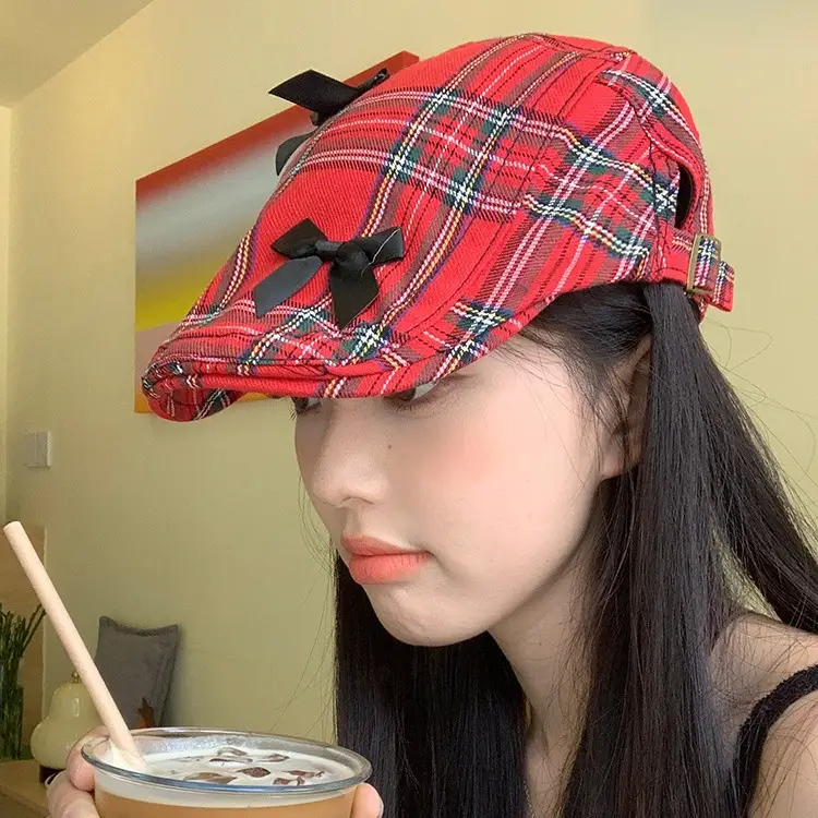 Women's Red Plaid Bow Forward Hat Summer - Image 4