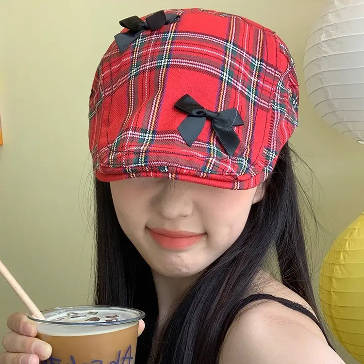Women's Red Plaid Bow Forward Hat Summer - Image 5