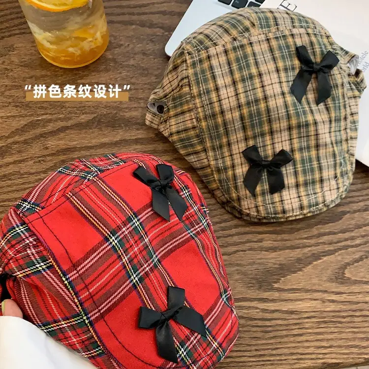 Women's Red Plaid Bow Forward Hat Summer - Image 6