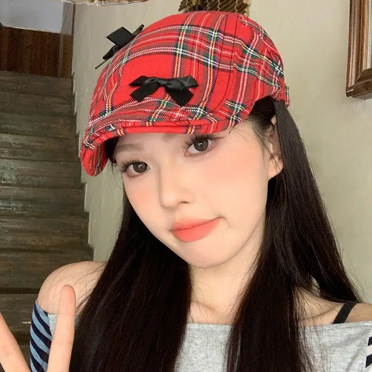 Women's Red Plaid Bow Forward Hat Summer - Image 7