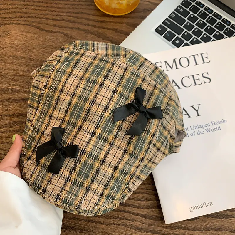 Women's Red Plaid Bow Forward Hat Summer - Image 2