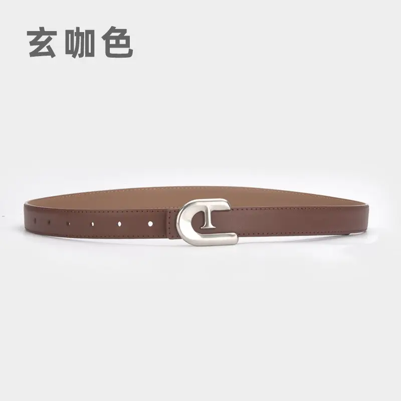 Women's Genuine Leather Belt Dark Brown with C Buckle - Image 24