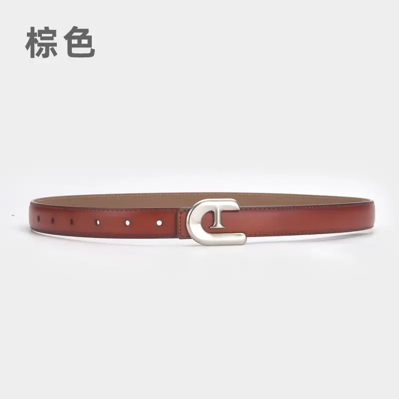 Women's Genuine Leather Belt Dark Brown with C Buckle - Image 25