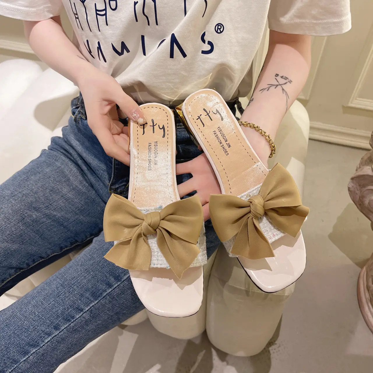 Women Square Toe Bow Low Heel Flip Flops Summer - Image 6