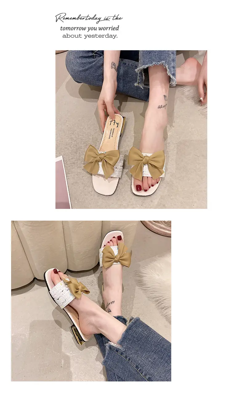 Women Square Toe Bow Low Heel Flip Flops Summer — feature 10