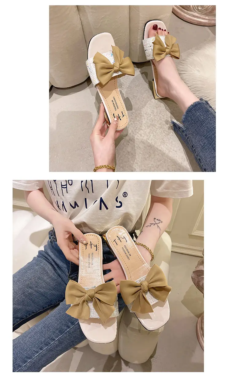 Women Square Toe Bow Low Heel Flip Flops Summer — feature 11