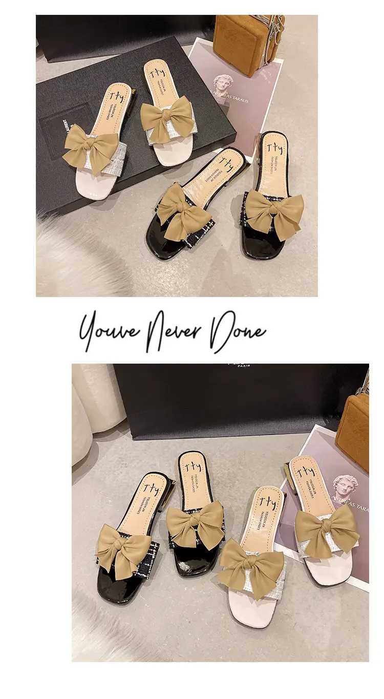 Women Square Toe Bow Low Heel Flip Flops Summer — feature 12