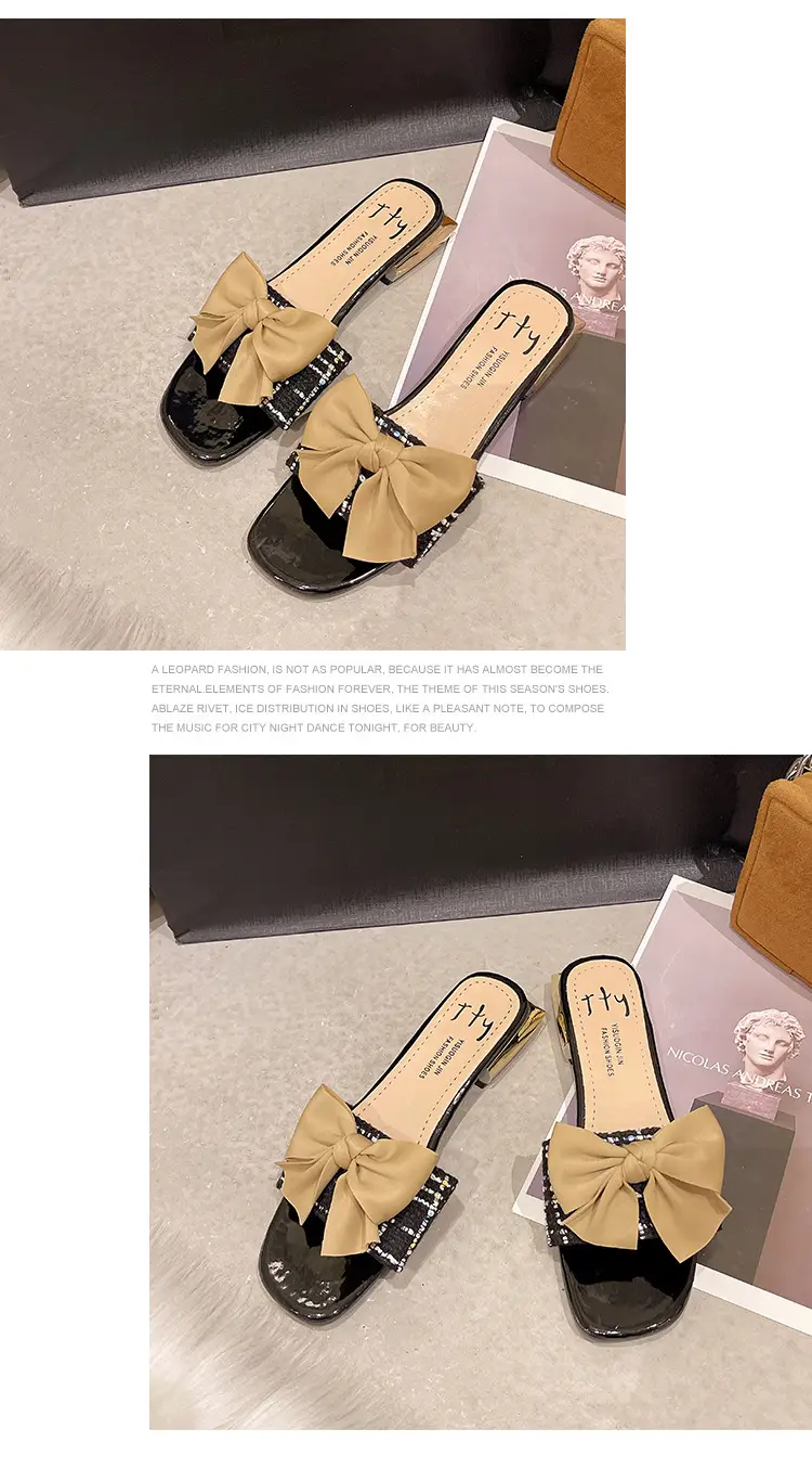 Women Square Toe Bow Low Heel Flip Flops Summer — feature 13