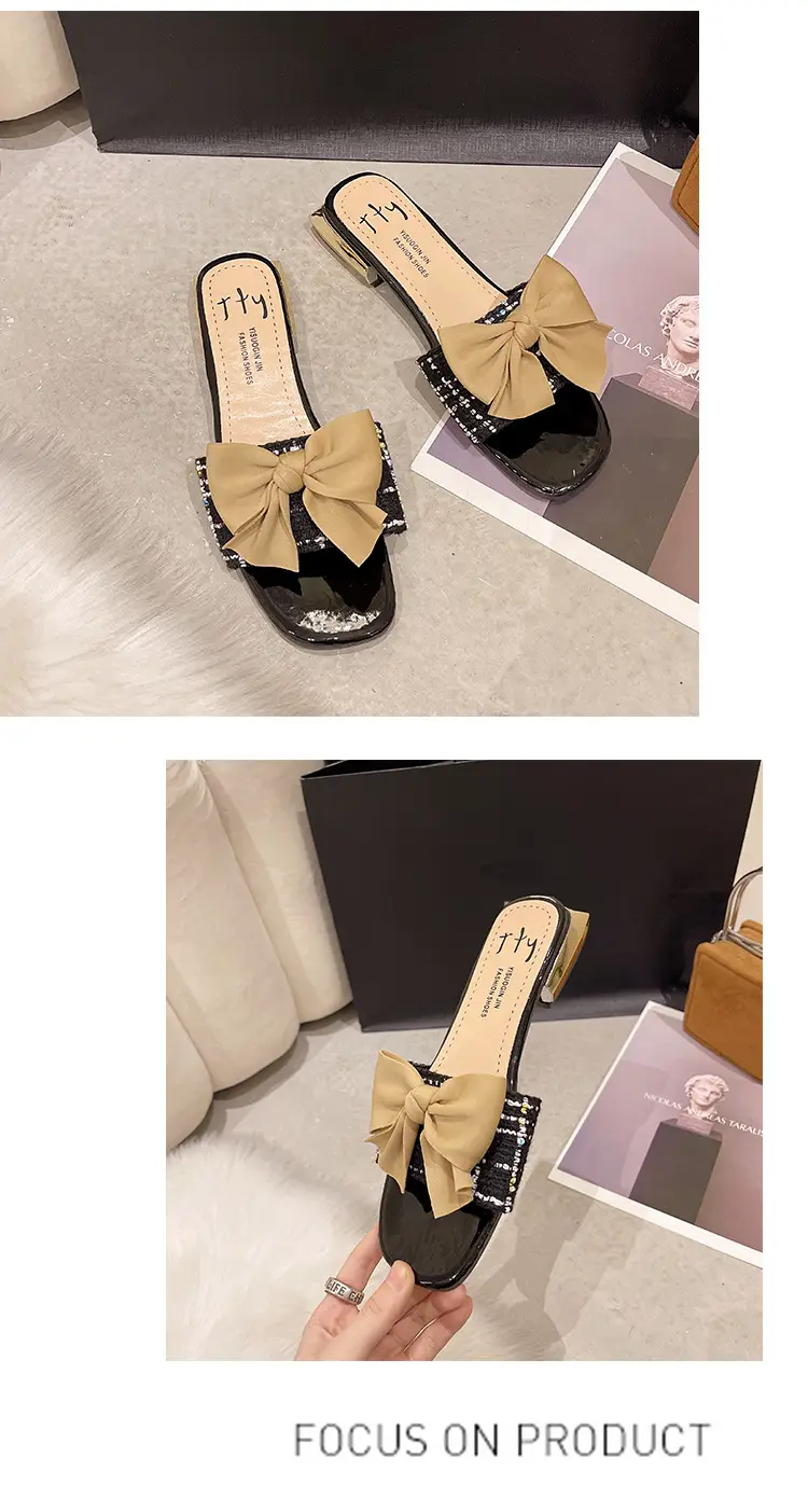 Women Square Toe Bow Low Heel Flip Flops Summer — feature 14